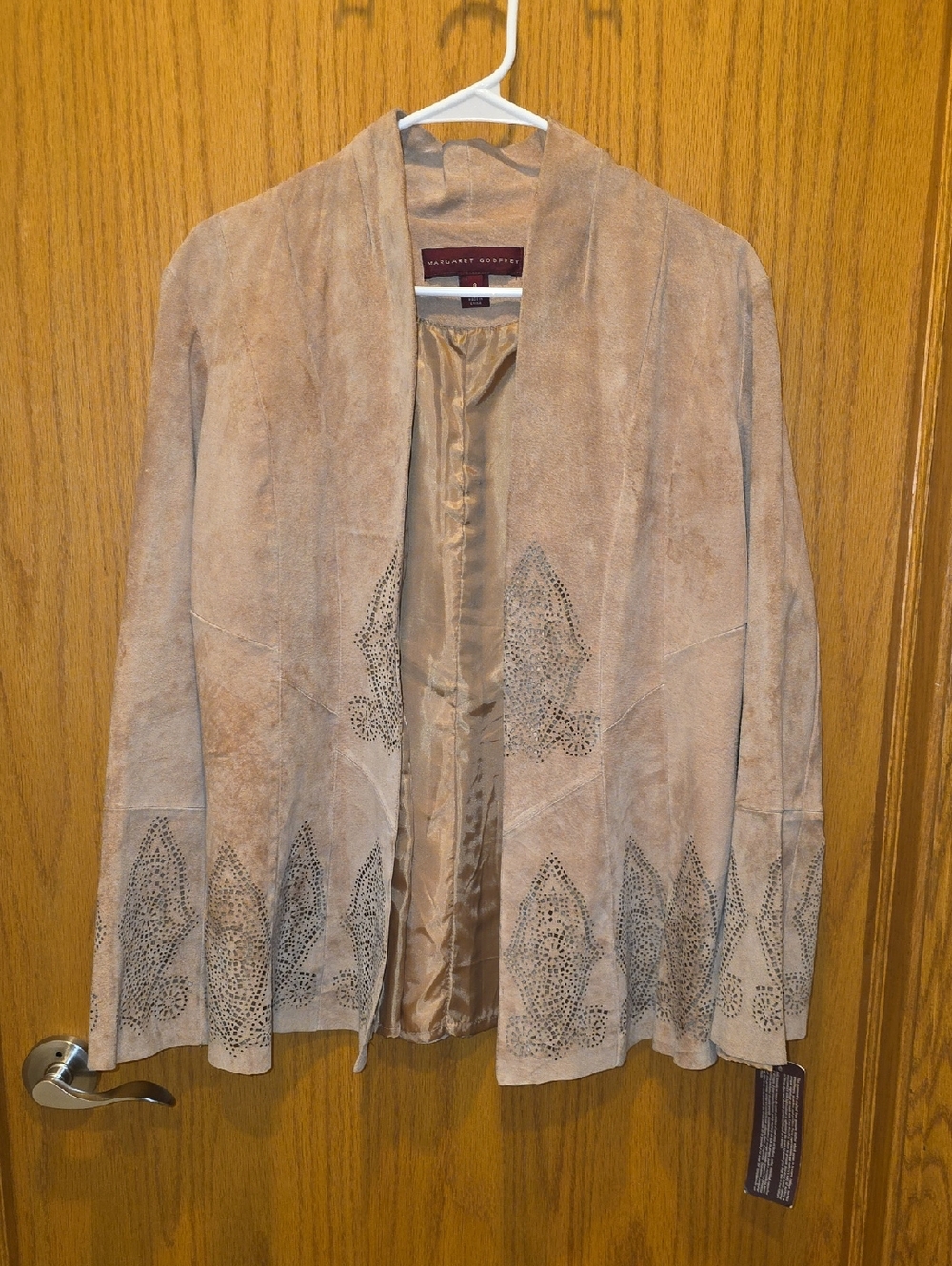 Women's Taupe Suede Open-Front Jacket with Perforated Detailing